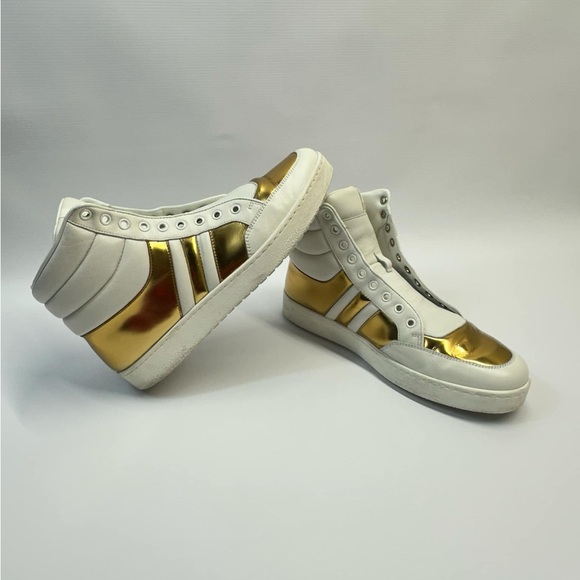 Gucci Men's White/Gold Contrast Padded Leather High-top Sneaker Gucci 8G - Picture 3 of 11